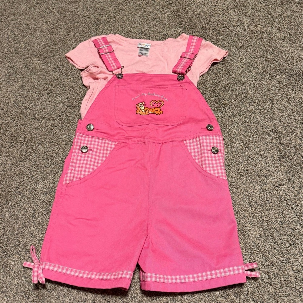 Disney Tigger Pink Shortalls Outfit Girls Size 6/6X Gingham‎ Overalls Set VTG